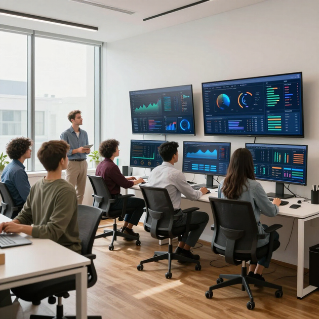 A team works in an office with data dashboards displayed on wall-mounted screens and computer monitors.