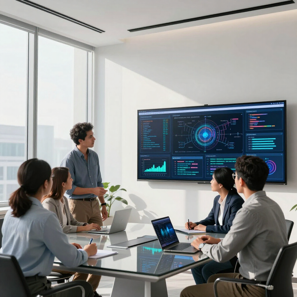 A team of professionals collaborating in a bright, modern office while reviewing data visualizations on a large screen.