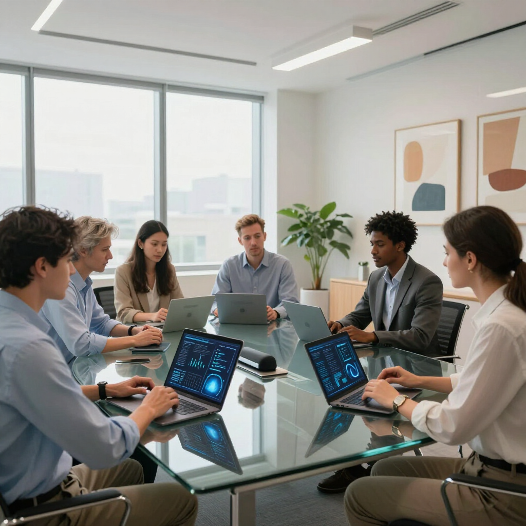 A group of professionals sits around a glass conference table in a modern office, working on laptops with data displays.