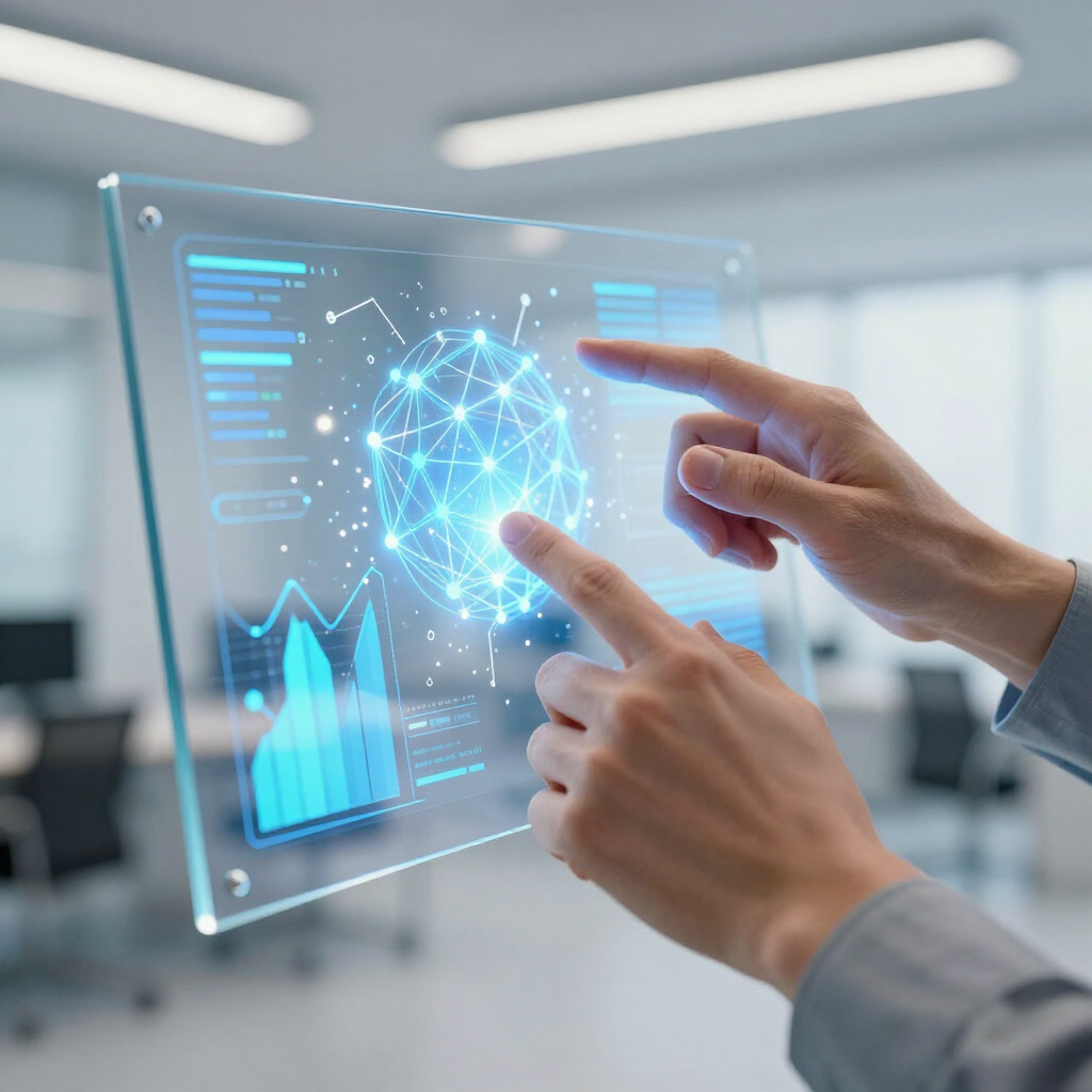 Hands interact with a transparent digital screen displaying a glowing network node and data graphs in a modern office.