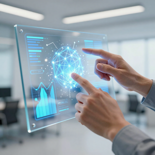 Hands interact with a transparent digital screen displaying a glowing network node and data graphs in a modern office.
