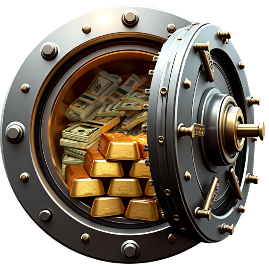 A vault filled with gold bars and money with the door open