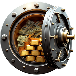 A vault filled with gold bars and money with the door open