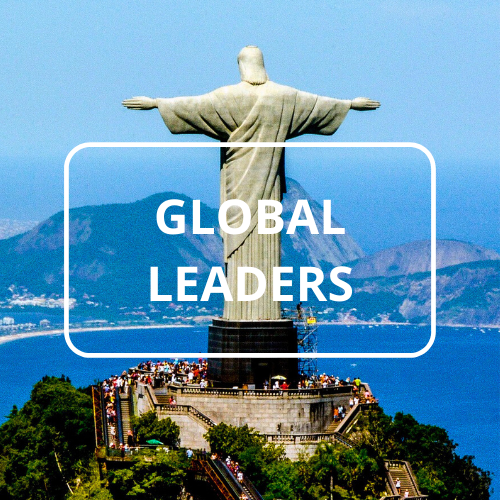 A picture of a statue with the words global leaders below it