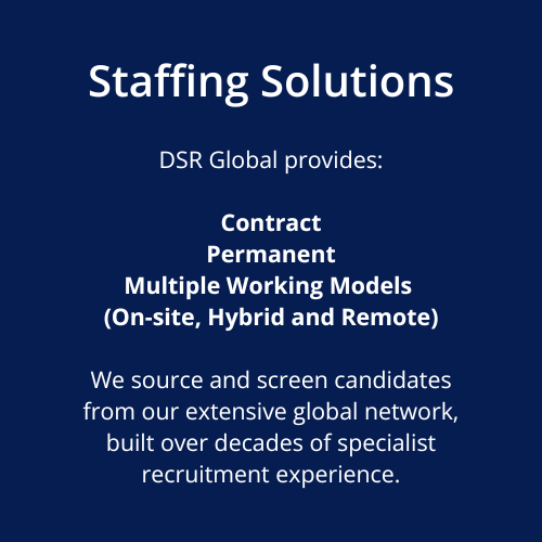 A blue sign that says staffing solutions on it