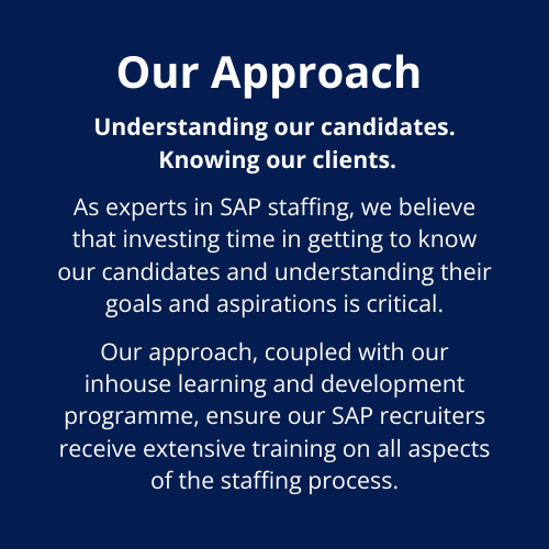 Our Approach. Understanding our candidates.  Knowing our clients.  As experts in SAP staffing, we believe that investing time in getting to know our candidates and understanding their goals and aspirations is critical.  Our approach, coupled with our inhouse learning and development programme, ensure our SAP recruiters receive extensive training on all aspects of the staffing process. Our Approach