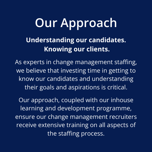 Understanding our candidates.  Knowing our clients.  As experts in change management staffing, we believe that investing time in getting to know our candidates and understanding their goals and aspirations is critical.  Our approach, coupled with our inhouse learning and development programme, ensure our change management recruiters receive extensive training on all aspects of the staffing process. Our Approach