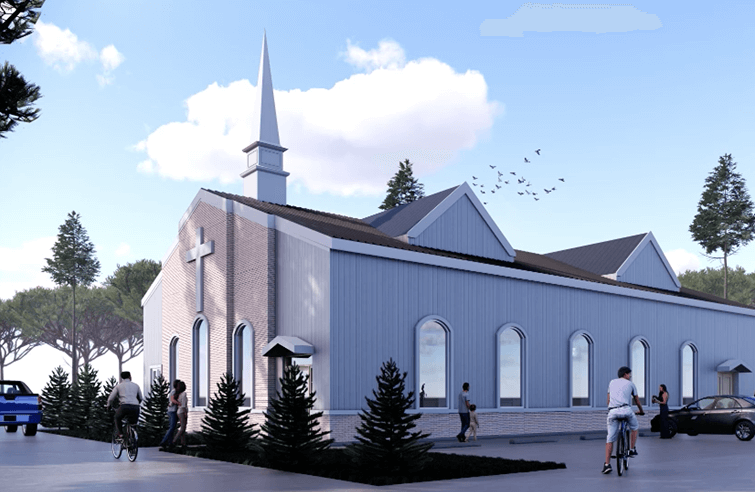 An artist 's impression of a church with a steeple.