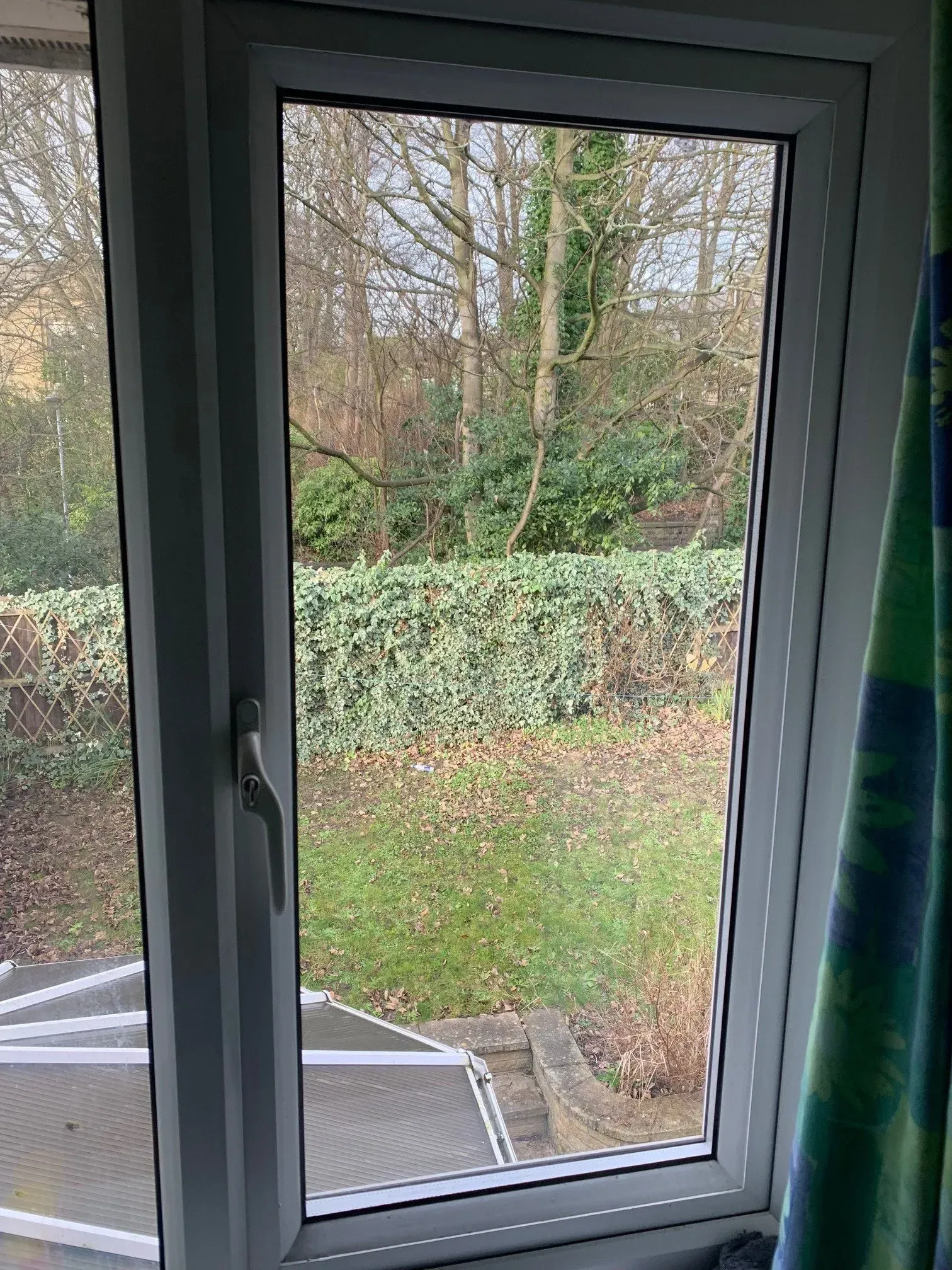 White window open, revealing a view of green bushes and trees outdoors.