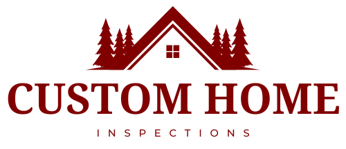 Logo for Custom Home Inspections: A red house outline with trees and text 