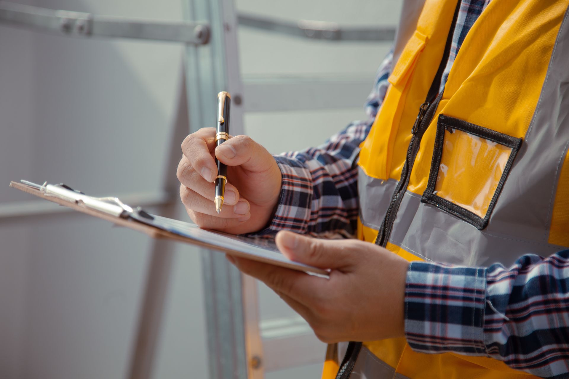 Person in a yellow safety vest writing on a clipboard. They are near a metal ladder, indoors.