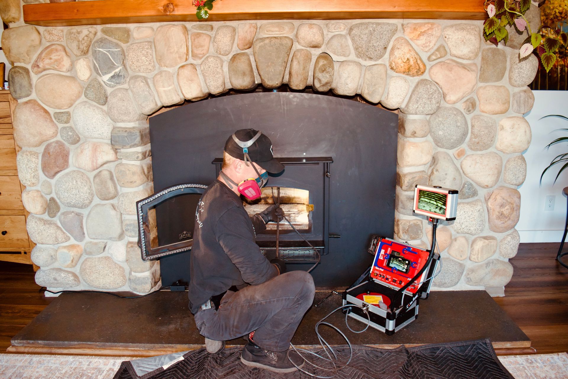 A person wearing safety harness gear stands on a roof next to a brick chimney against a clear blue sky.
