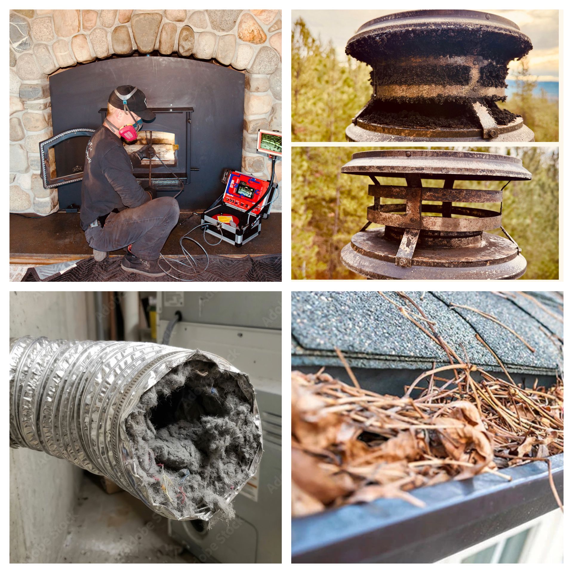 A chimney brush cleaning a brick chimney on a roof with wire mesh netting against a clear blue sky.