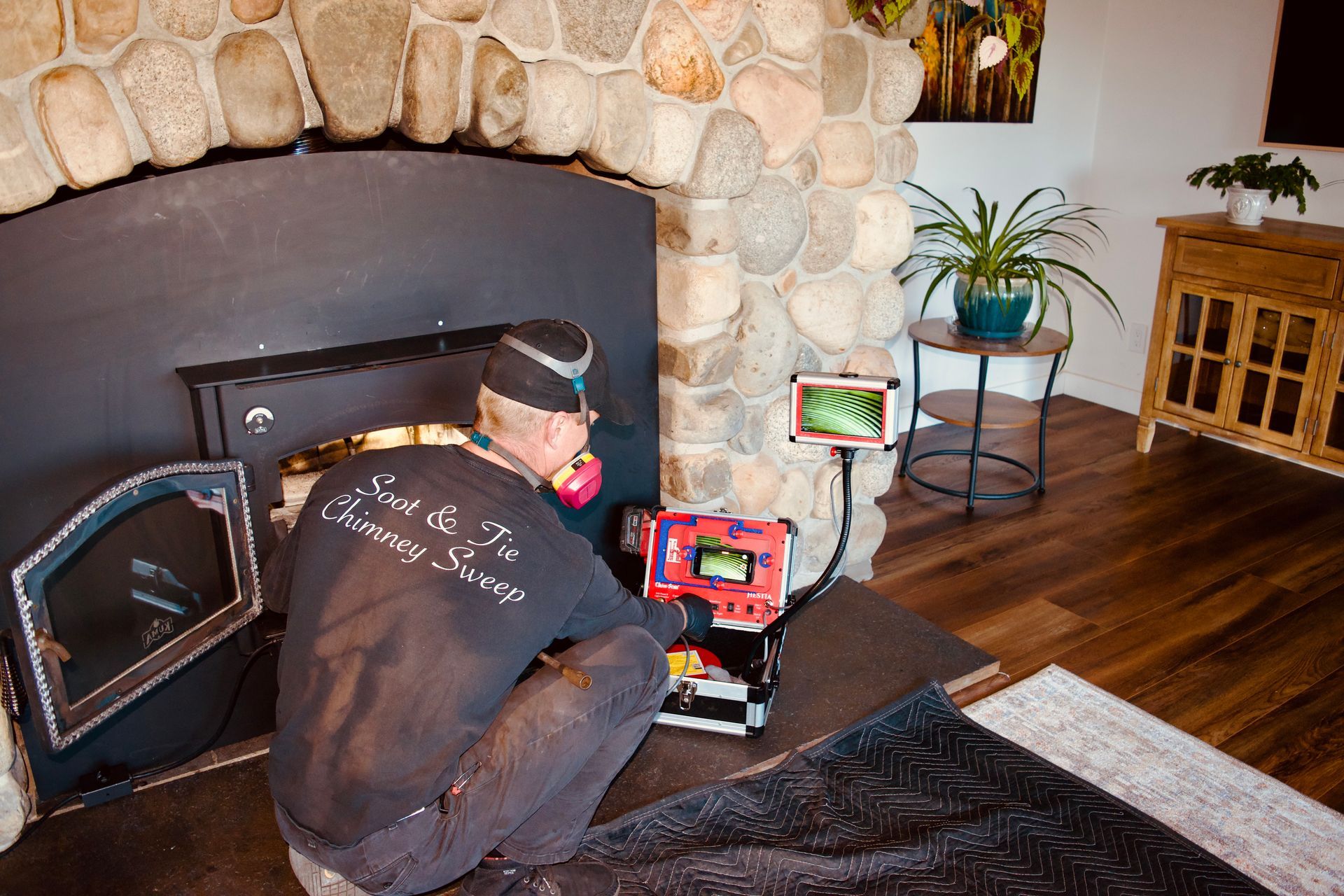 A person in black clothing cleans the interior of a tiled fireplace, using a vacuum tool with a shop vac nearby.