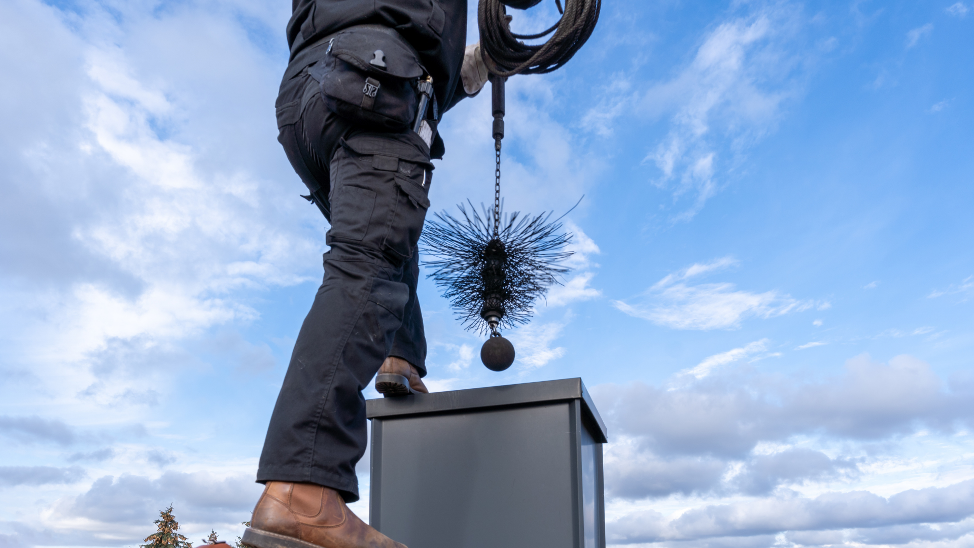 A chimney sweep stands on a roof, lowering a long-handled brush and weighted head into a chimney against a cloudy blue sky.