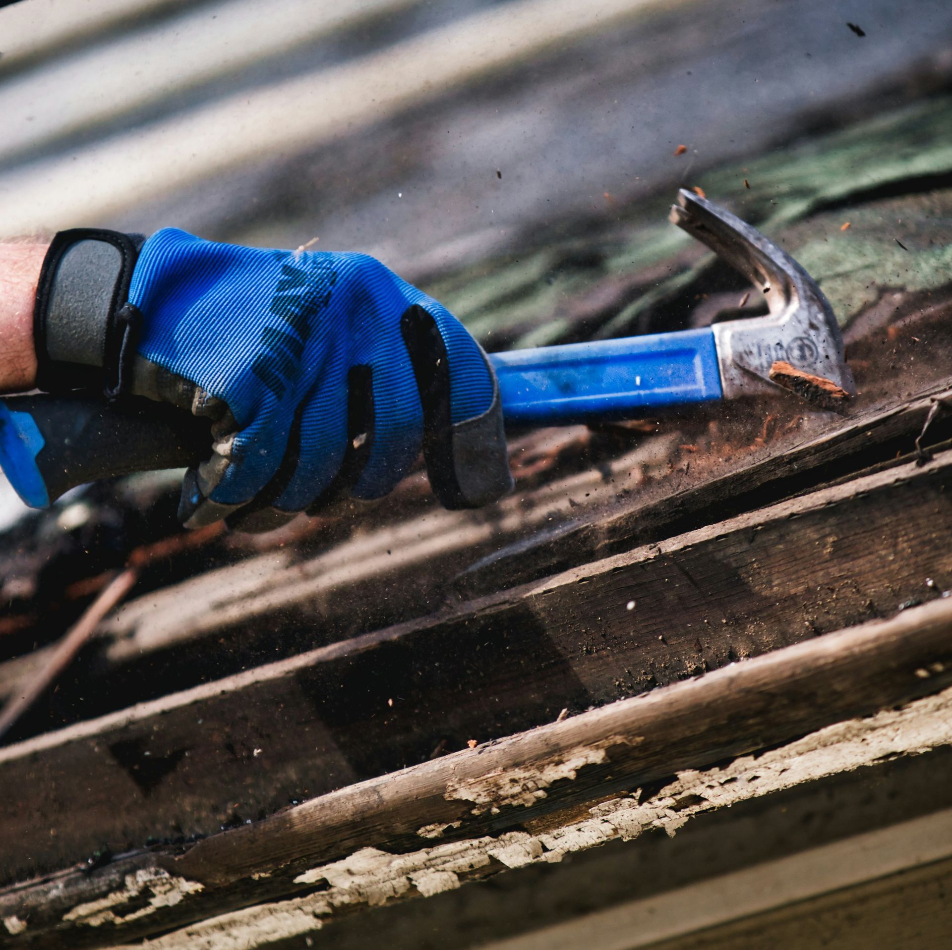 Person wearing blue work glove uses hammer to remove roofing material.