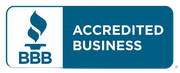 BBB Accredited Business logo: white flame icon, blue rectangle with text