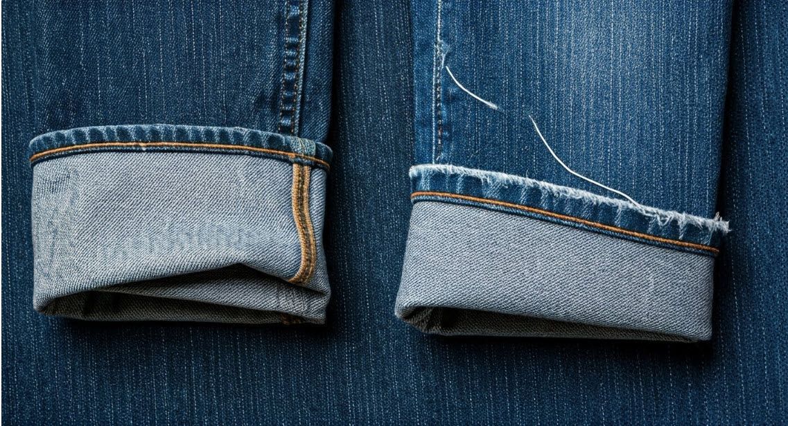 close up of professional jeans hemming