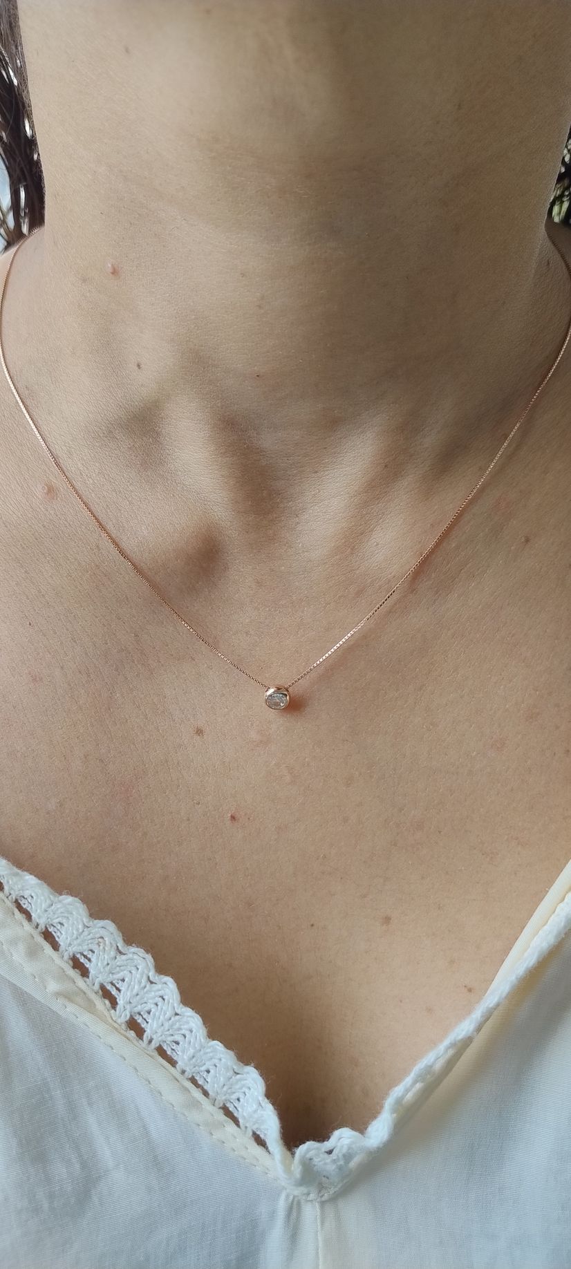 Primer plano del cuello y la clavícula de una persona que lleva un delicado collar de oro y una blusa de encaje blanco.