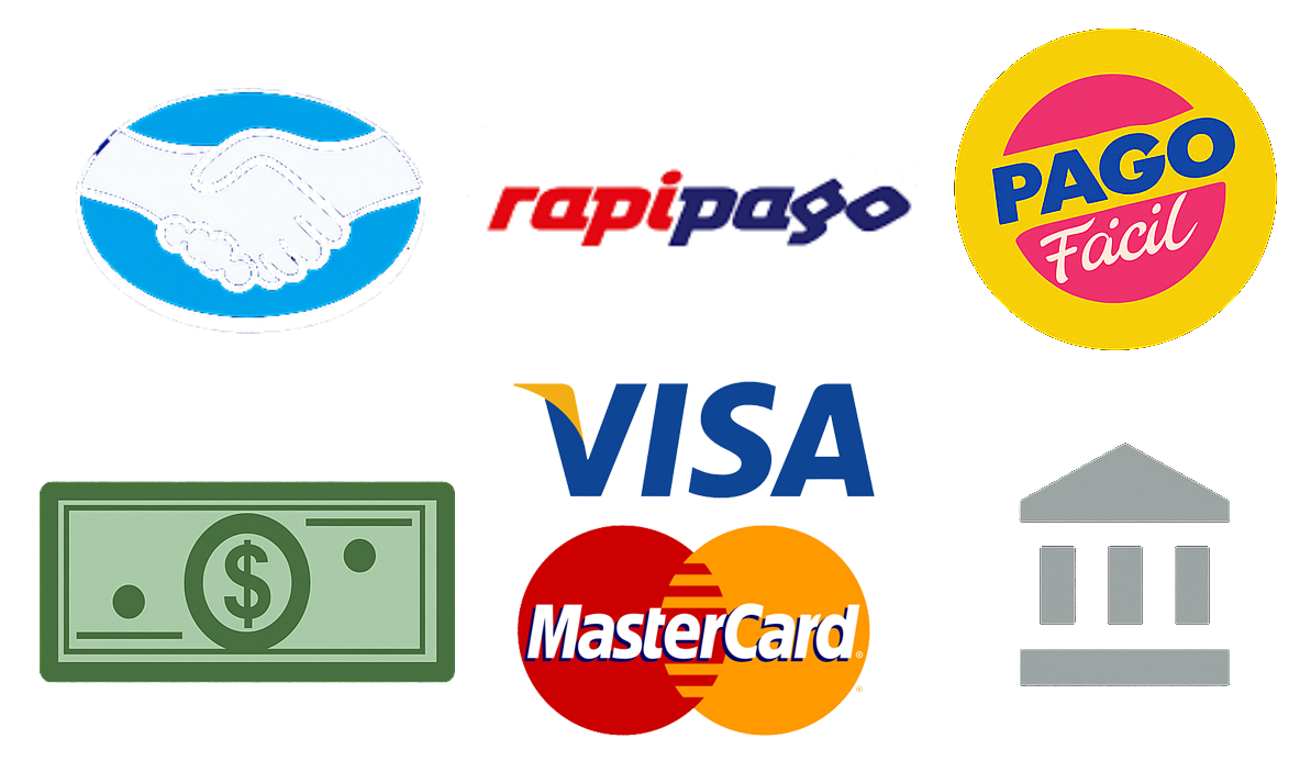 Logos: RapiPago, Pago Fácil, dinero, edificio del banco.