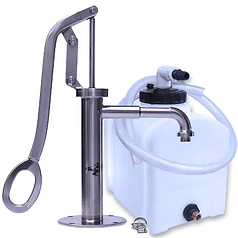 A stainless steel water pump next to a plastic tank