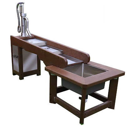 A wooden table with a stainless steel sink and a water pump.
