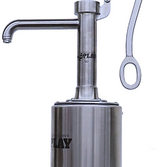 A stainless steel soap dispenser with a handle on a white background.