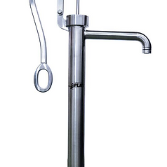 A stainless steel water pump with a handle attached to it on a white background.