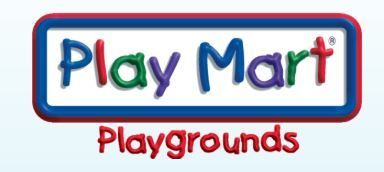 Logo for Play Mart Playgrounds in blue, green, and red, on a white background with a light blue gradient.