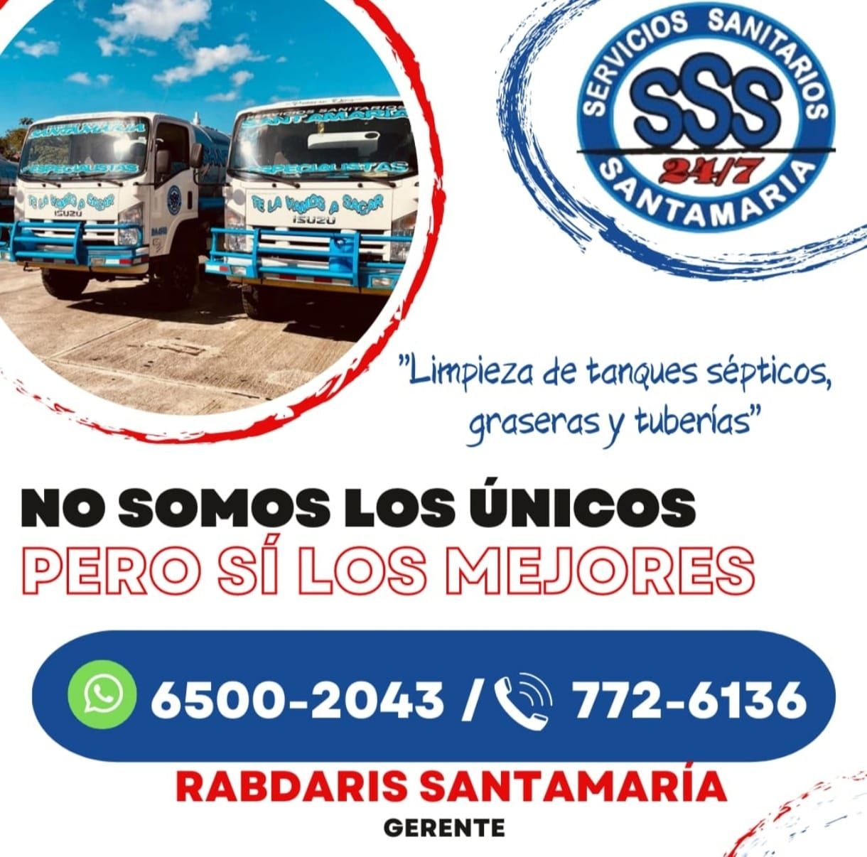 Anuncio de los servicios sanitarios del SSS Santamaria, con camiones, números de teléfono y un eslogan.