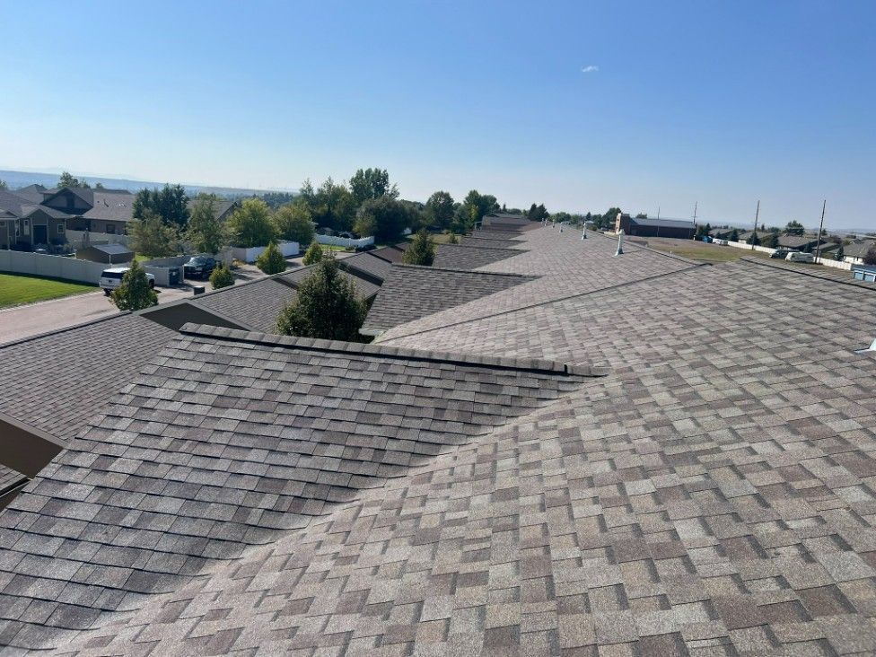 View of multiple shingled roofs on houses under a clear blue sky.