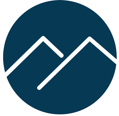 White mountain range outline within a blue circle.