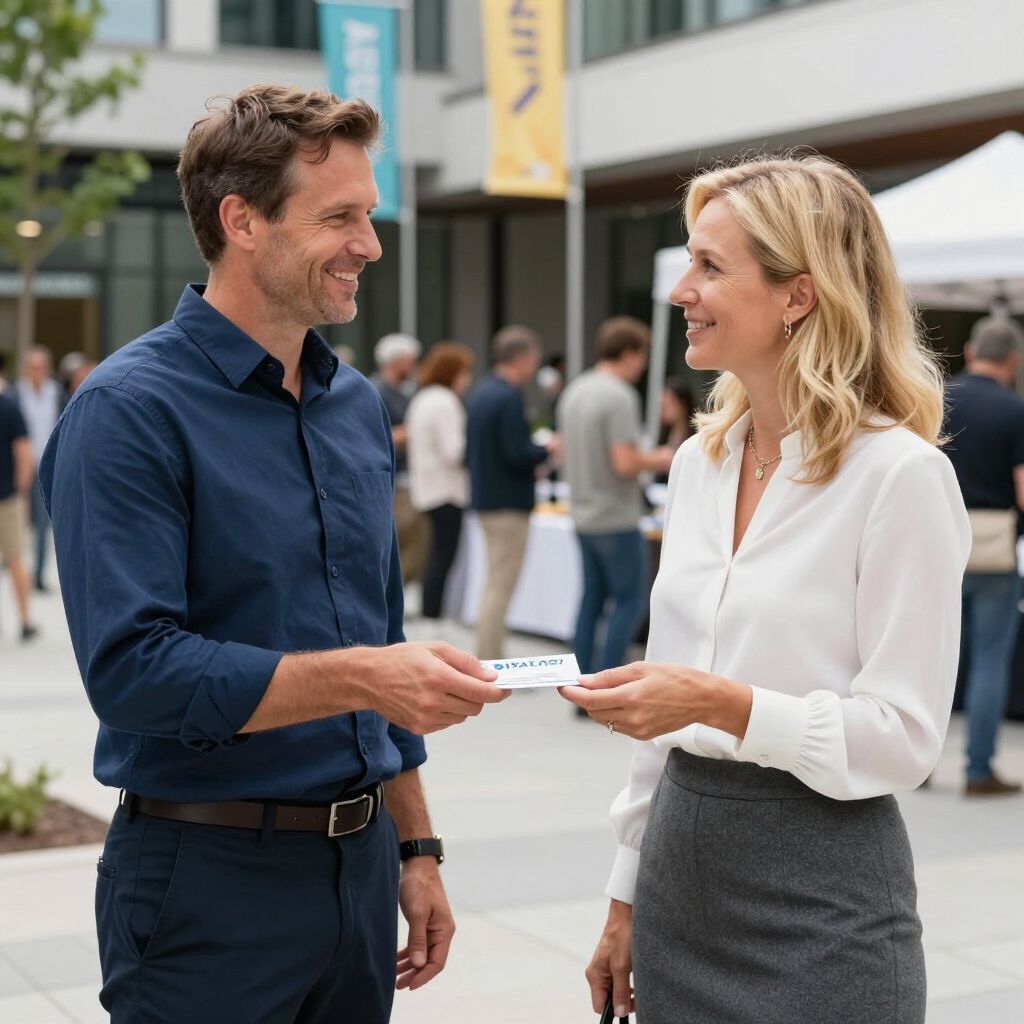 Man handing card to woman in an outdoor setting, smiling and interacting.