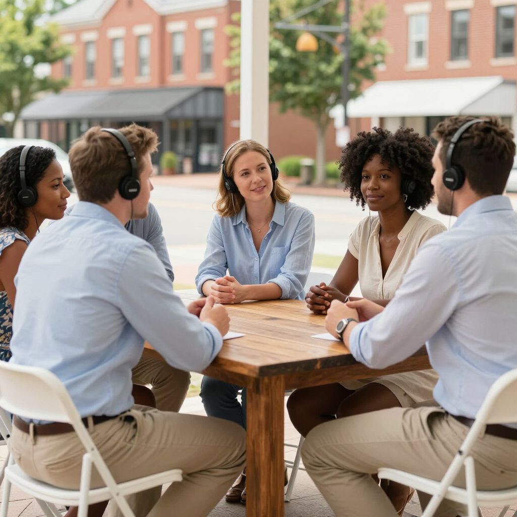 Group of people wearing headphones sits at a table outdoors, talking.