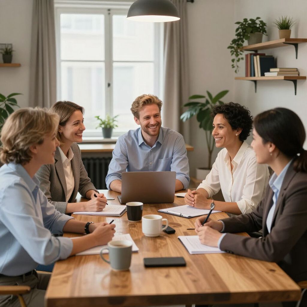 Group of people at a table, discussing work. Laptop, coffee cups, and papers are present. Bright room.