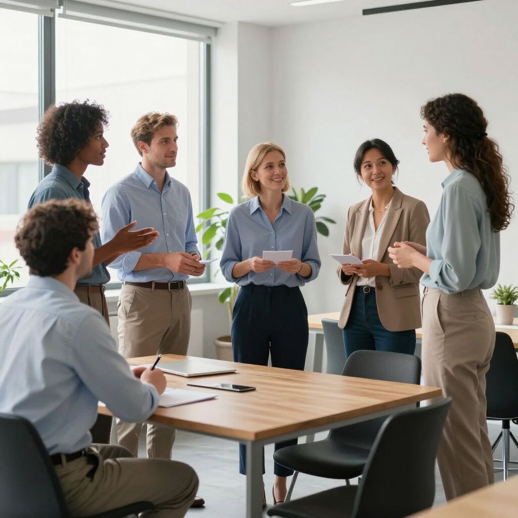 People in business attire in a meeting, talking around a table in a bright office.