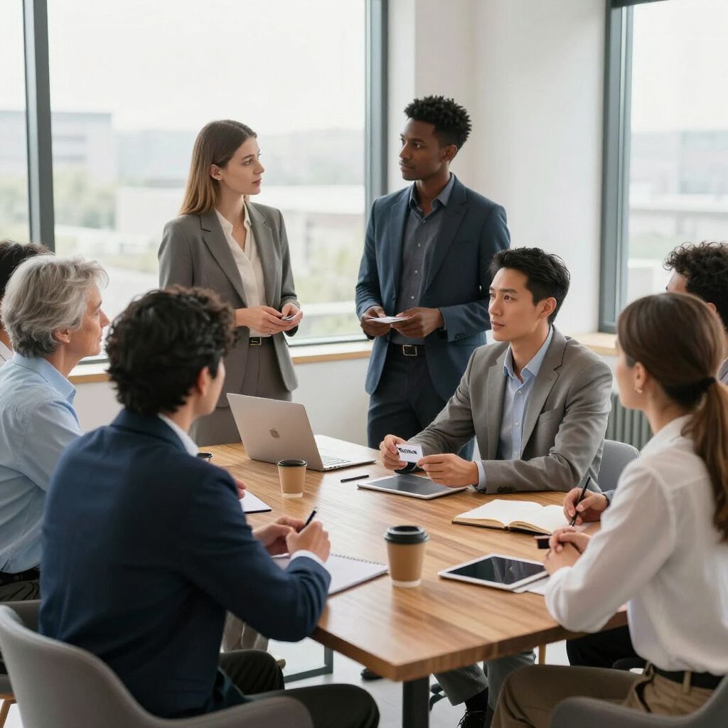 People in business attire at a conference table, conversing. Laptop, notepads, and coffee cups are visible.