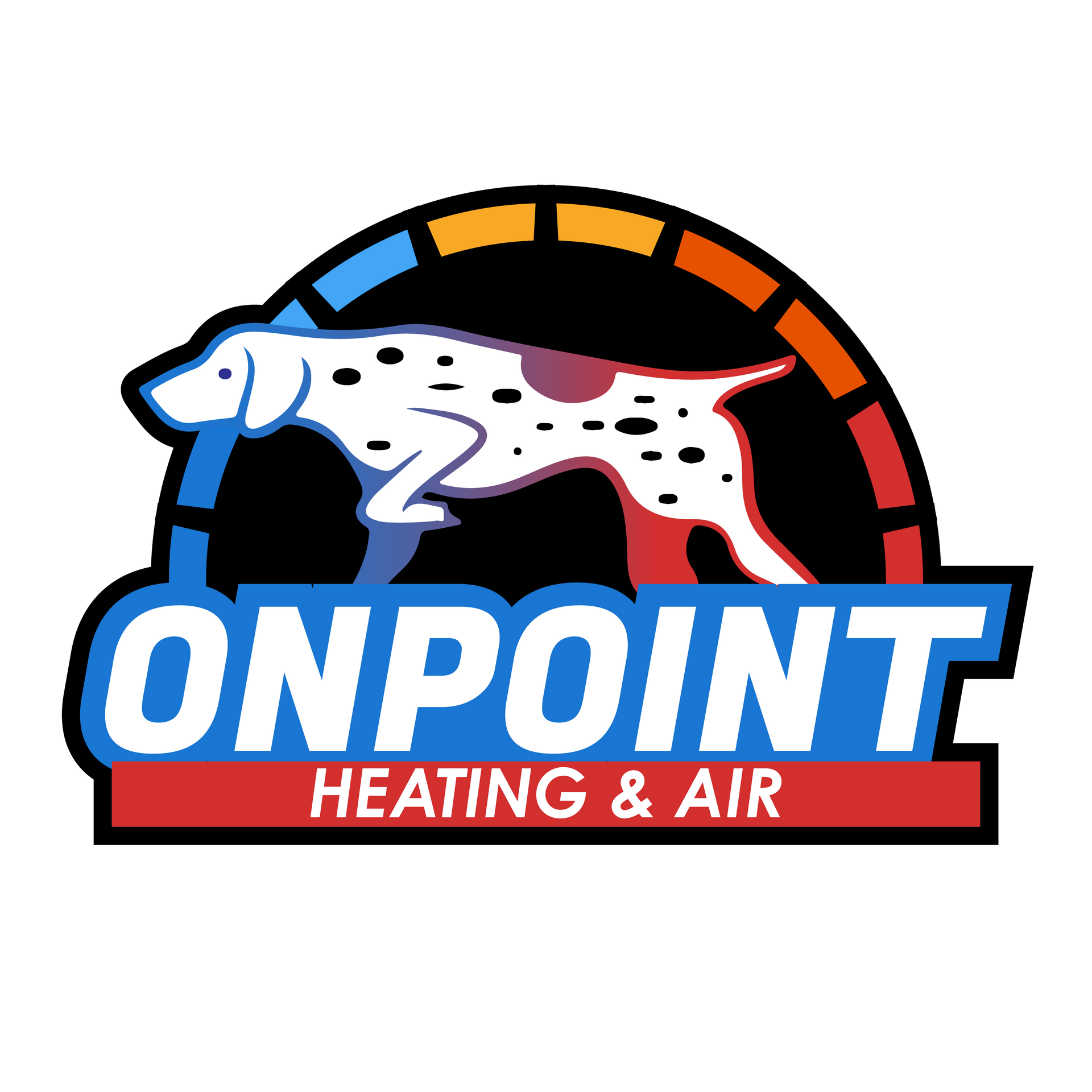 Logo for OnPoint Heating & Air, featuring a dalmatian dog in motion, with text on a blue and red background.