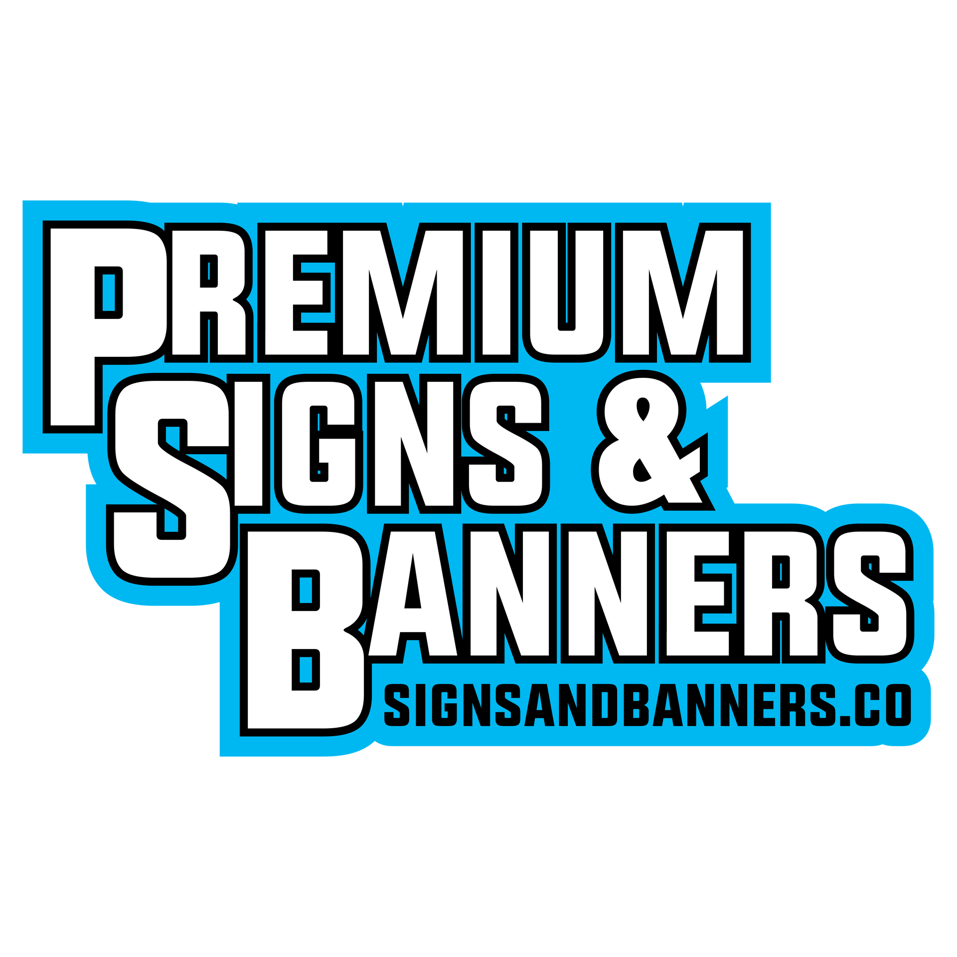 Logo for Premium Signs & Banners, with text and a blue and white color scheme, and their website address.