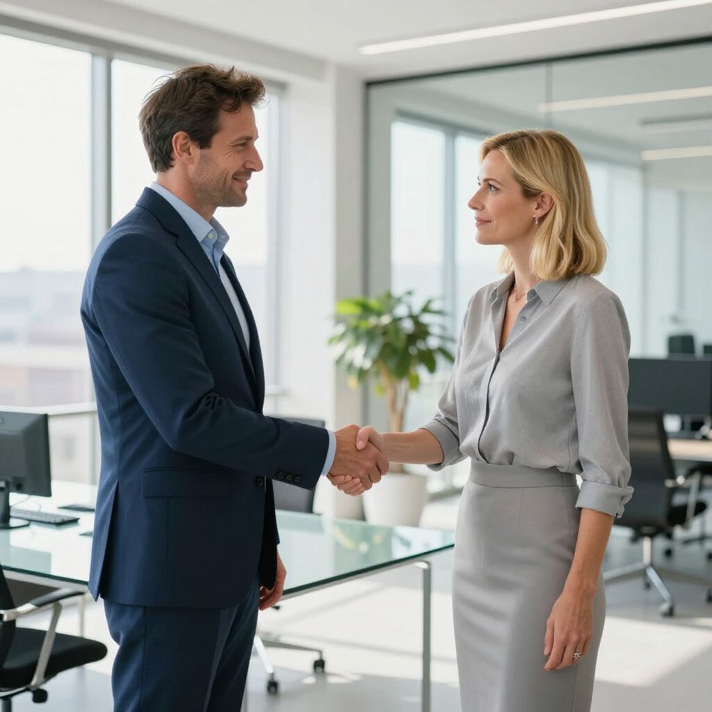 Man in suit shaking hands with woman in office.