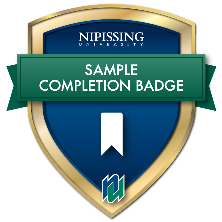 Nipissing University Sample Completion Badge: Blue and gold shield with green banner and white bookmark icon.