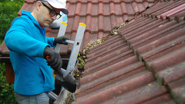 A man is using a ladder to clean a gutter on a roof.