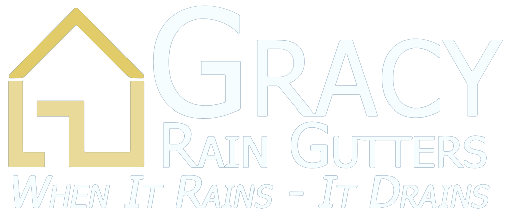A logo for a company called grace rain gutters when it rains it drains.