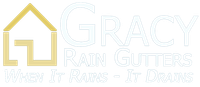 A logo for a company called grace rain gutters when it rains it drains.