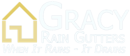 A logo for a company called grace rain gutters when it rains it drains.