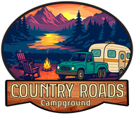 A logo for country roads campground with a truck and trailer.