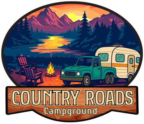 A logo for country roads campground with a truck and trailer.