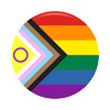 A rainbow flag in a circle with a yellow circle in the middle.
