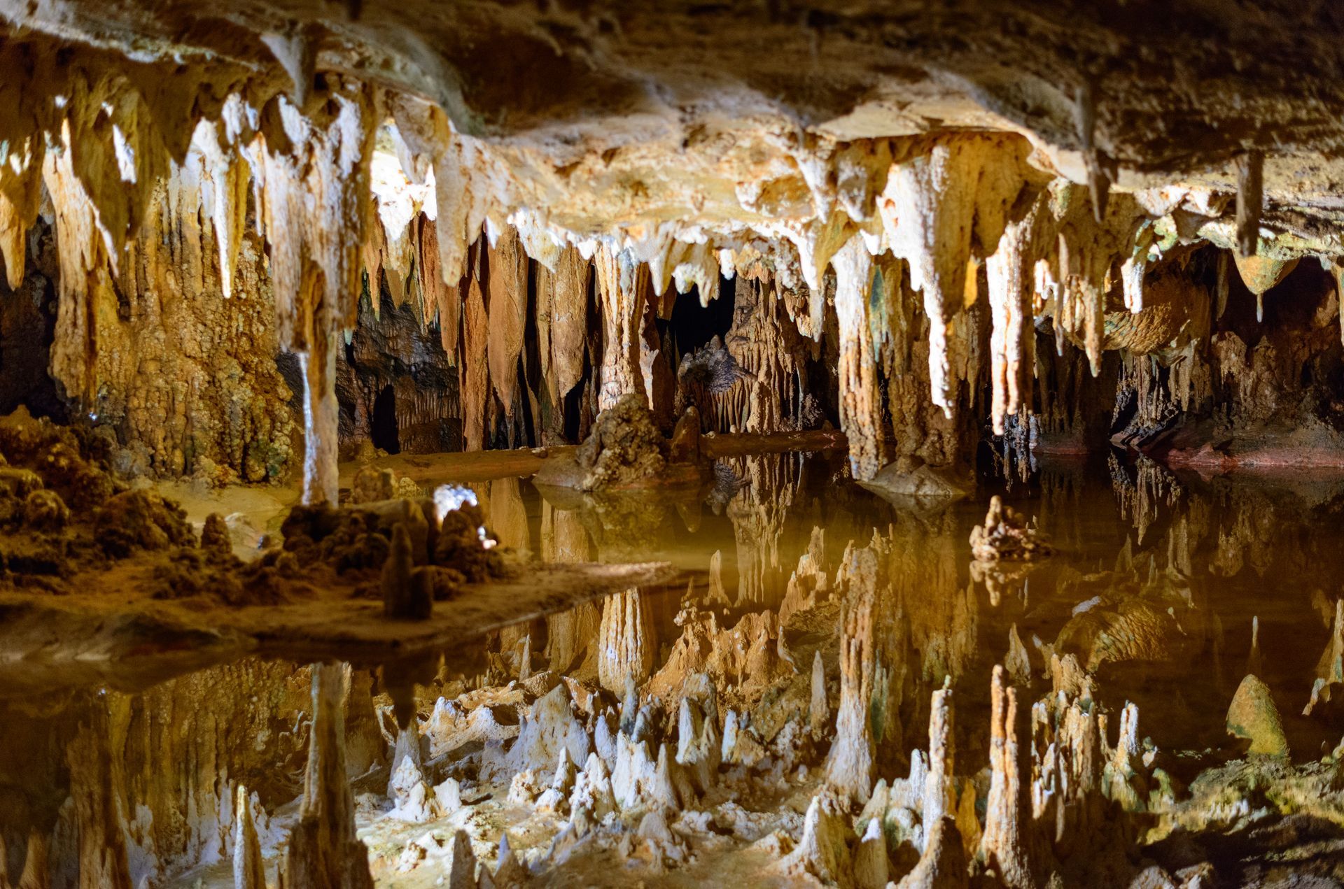 Cave interior with water reflecting stalactites and stalagmites.
