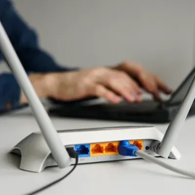 A person is typing on a laptop next to a router.